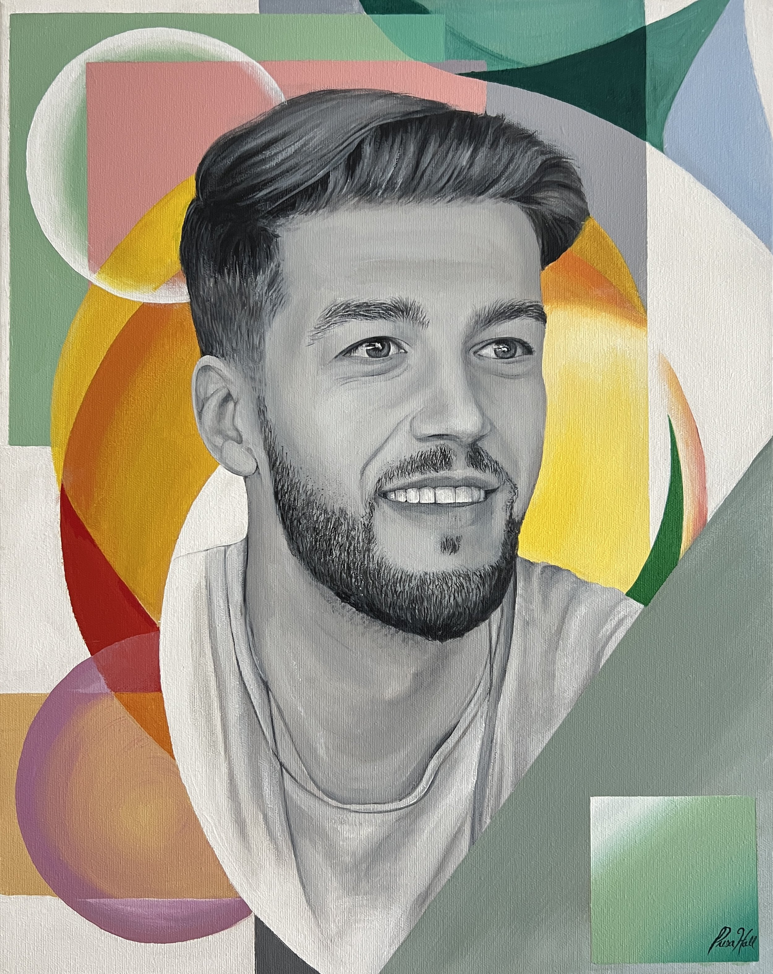 Portrait painting of a smiling man with abstract geometric backgrounds in various colors.