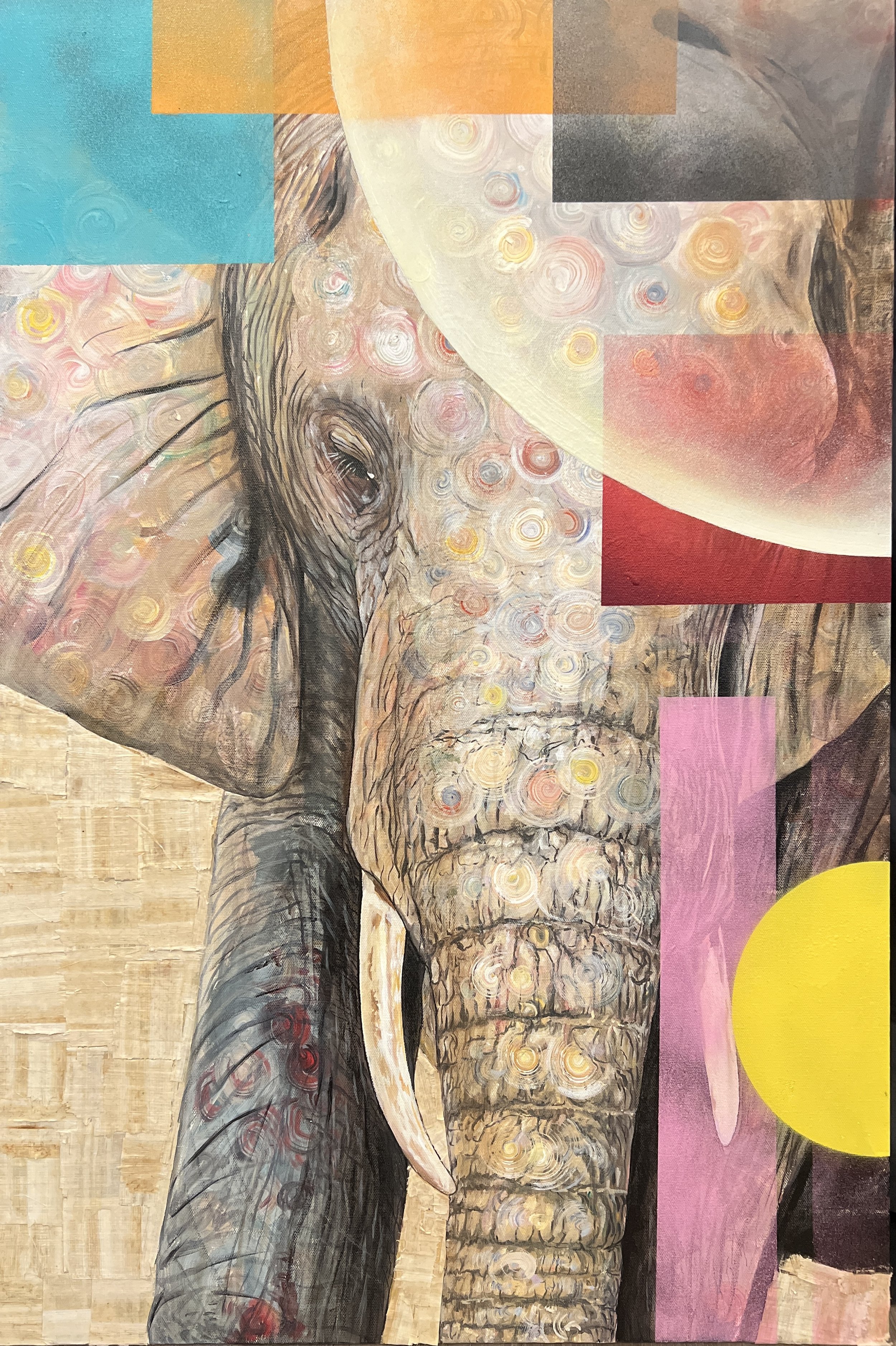 Abstract elephant painting with geometric shapes and colorful patterns.
