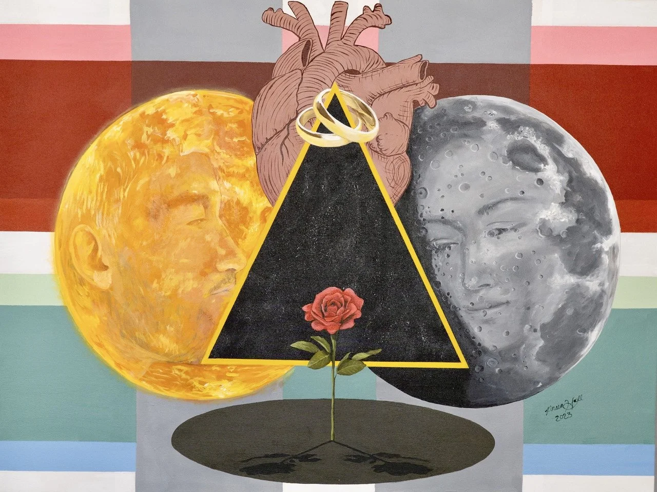 I painted "I've Got You" to illustrate the contrast and connection within a marriage, emphasizing the distinct yet complementary nature of men and women. I see women as influenced by the moon's pull, evident even in our monthly cycles, while men are 