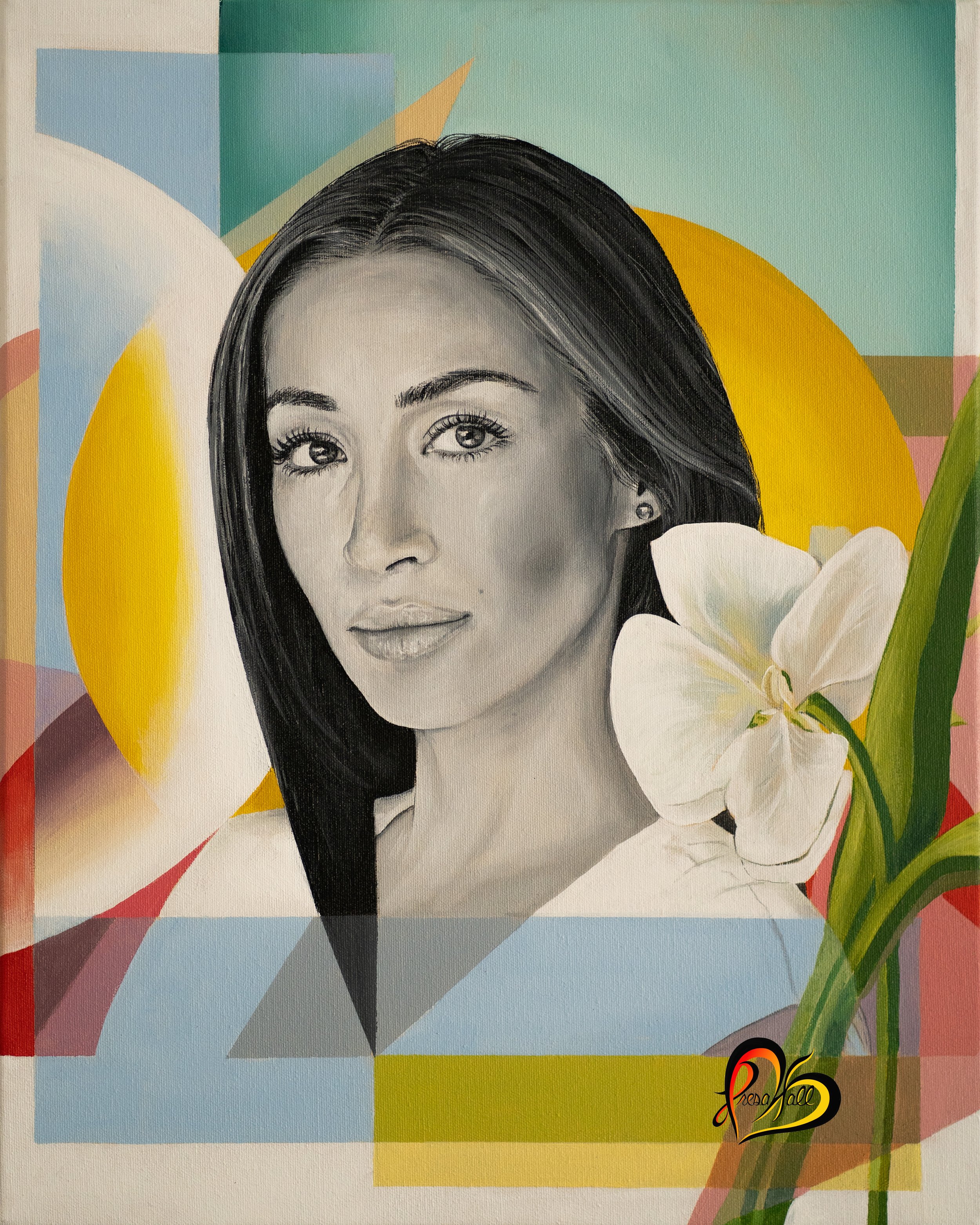 Portrait of a woman with geometric background and white flower
