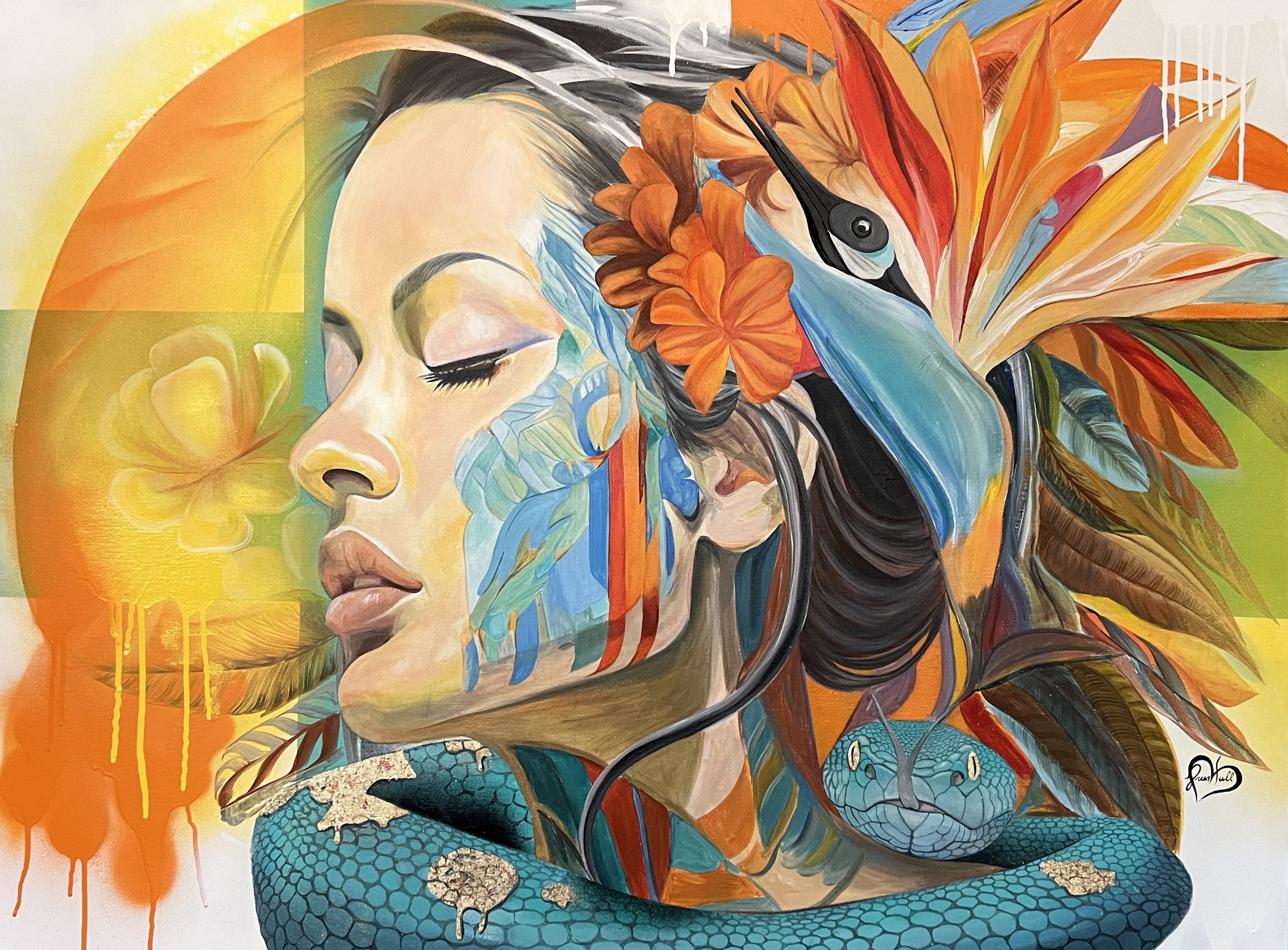 Colorful mural of a woman's profile with closed eyes, adorned with flowers, leaves, and a bird. A snake is wrapped around her neck.