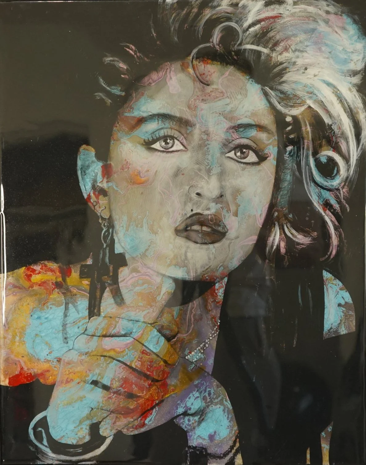 Framed 16x20 portrait of Madonna with cross earring, voluminous hair, and layered multicolor textures against a black background – painting by Presa Hall.