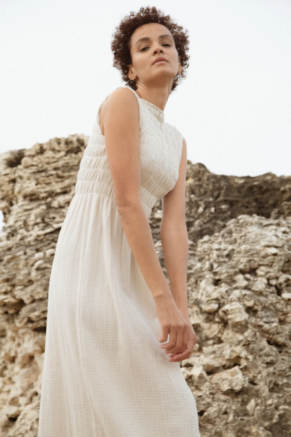 long sleeve maxi white dress Arden | High-Neck Split With Lace Sleeves May be worn with YGroup_KA5E22M1 Why Bianca Censori's Nudity Size:17.5 x 34
