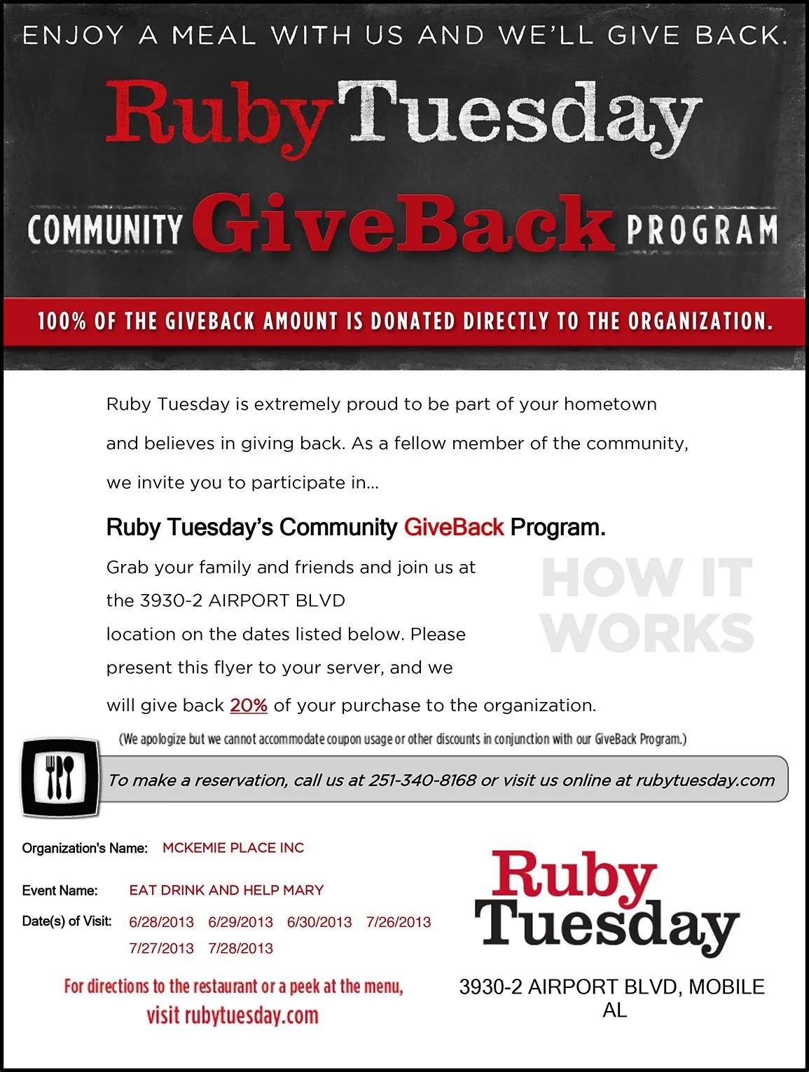 Print out this image and bring it into the Ruby Tuesday on Airport BLVD in Mobile to give 20% back to the community.