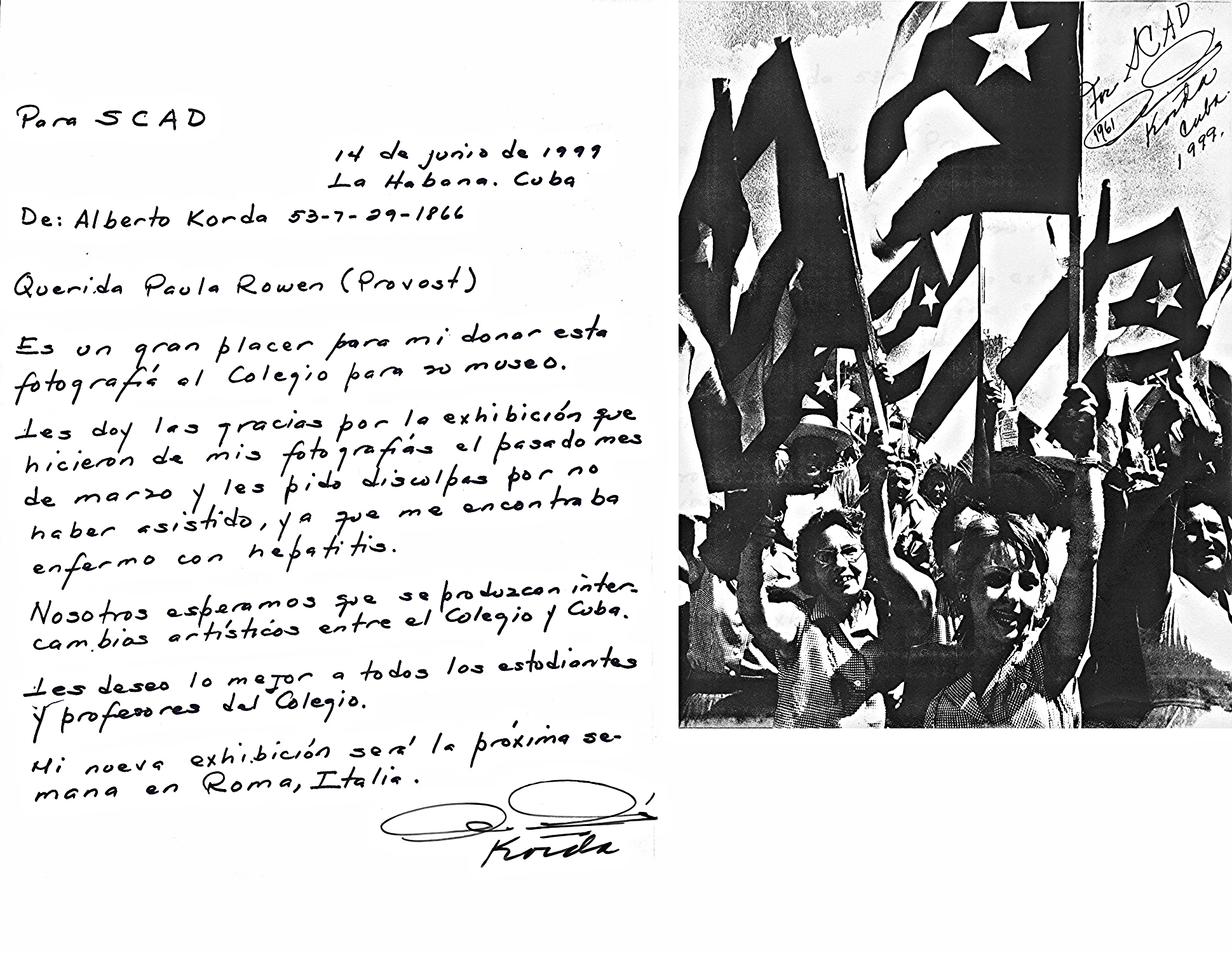 The letter/Print to Provost Paul Rowan from Korda