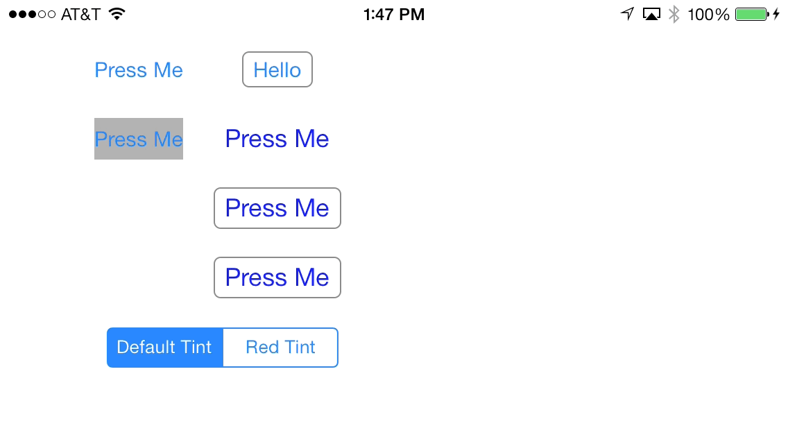 Each UIButton behaves differently when you tap it. Notice the tint color changes on the top.