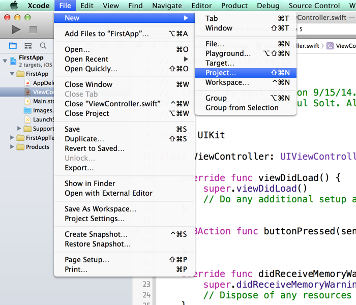 The menu bar is the easiest place to create a new file or Xcode project