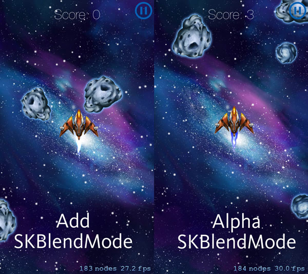 Look at the rocket thrusters for the difference between additive and alpha blend modes