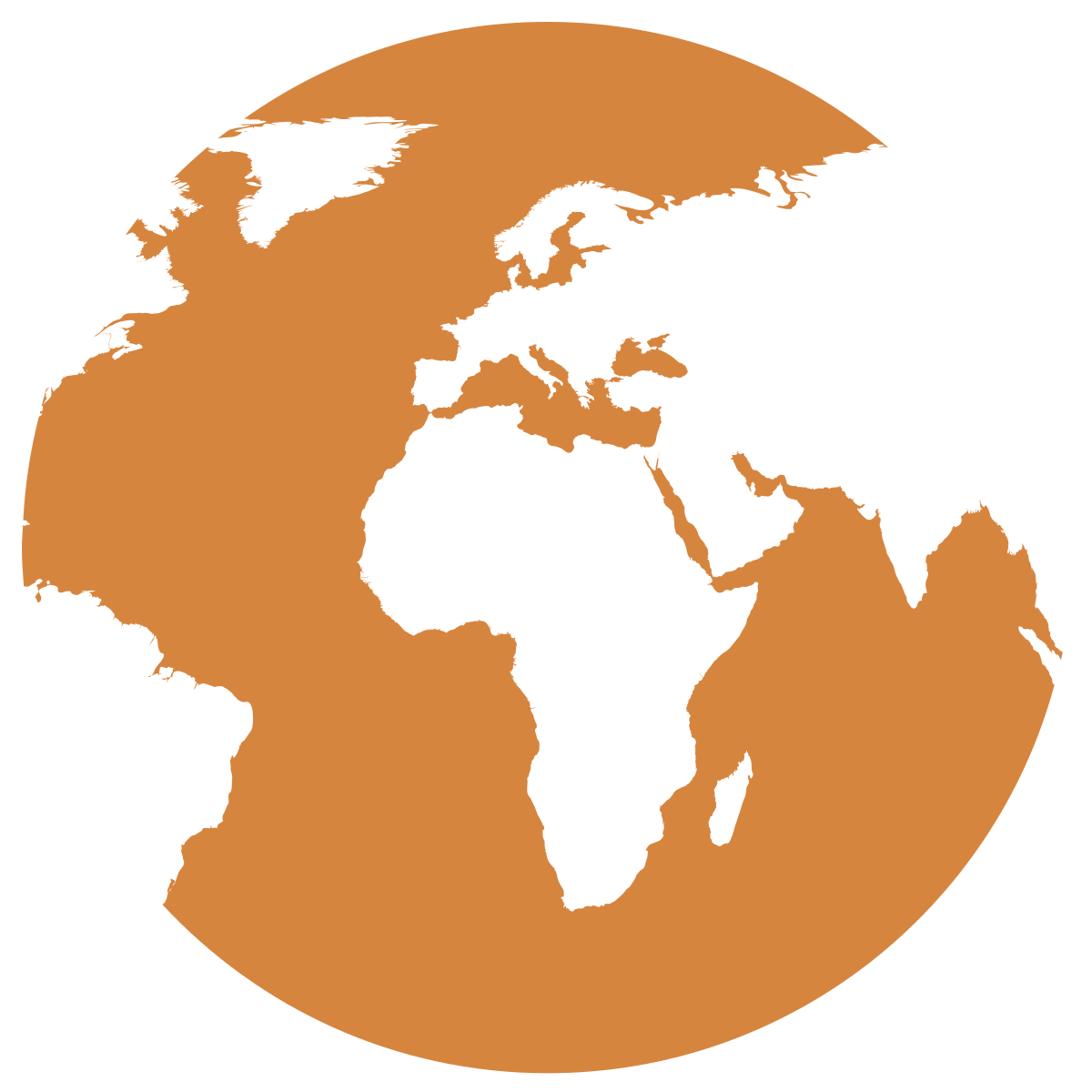 A map of the world with Africa, Europe, and parts of Asia and Australia highlighted in light brown, and North and South America.