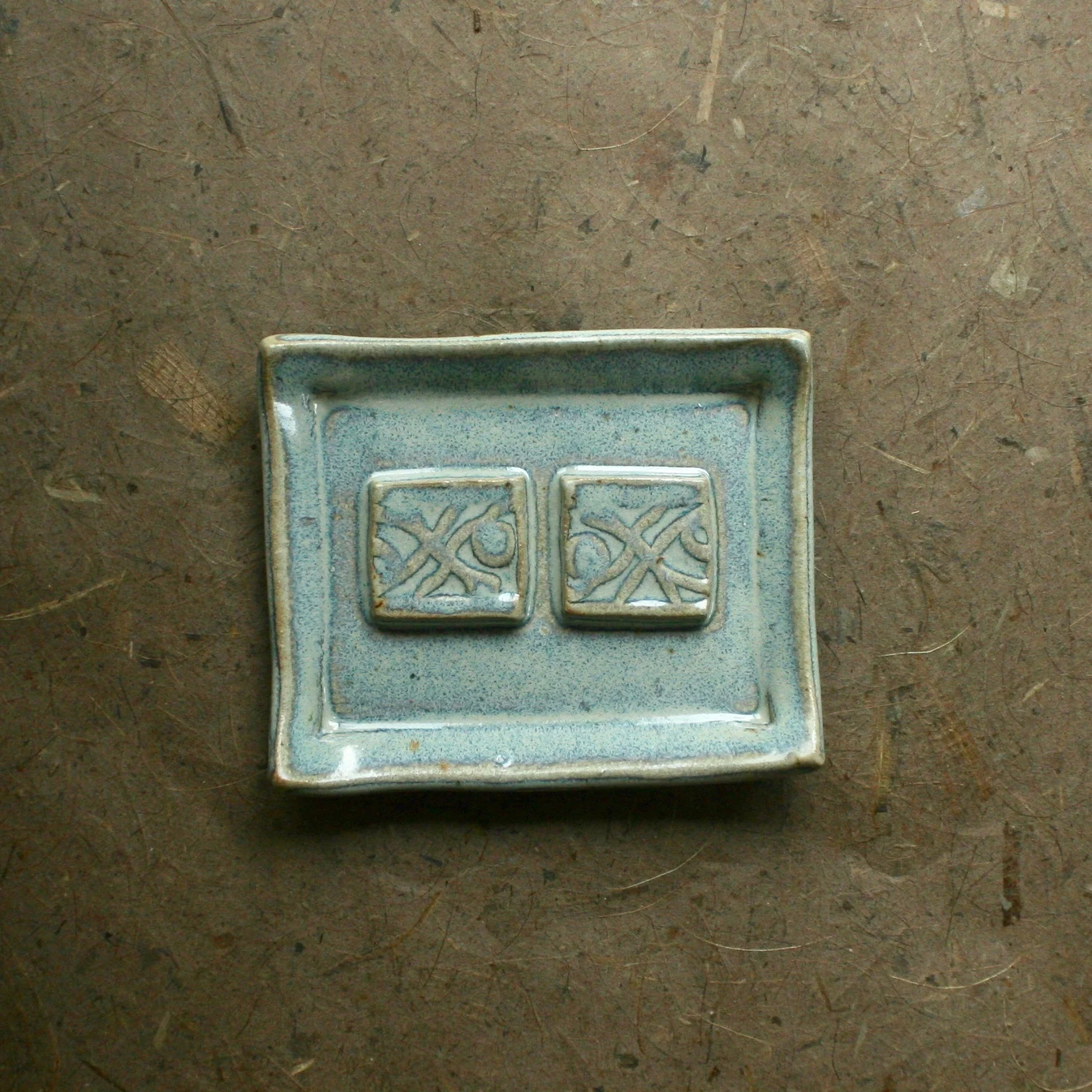 Seafoam Glazed Ceramic Soap Dish with Geometric Design