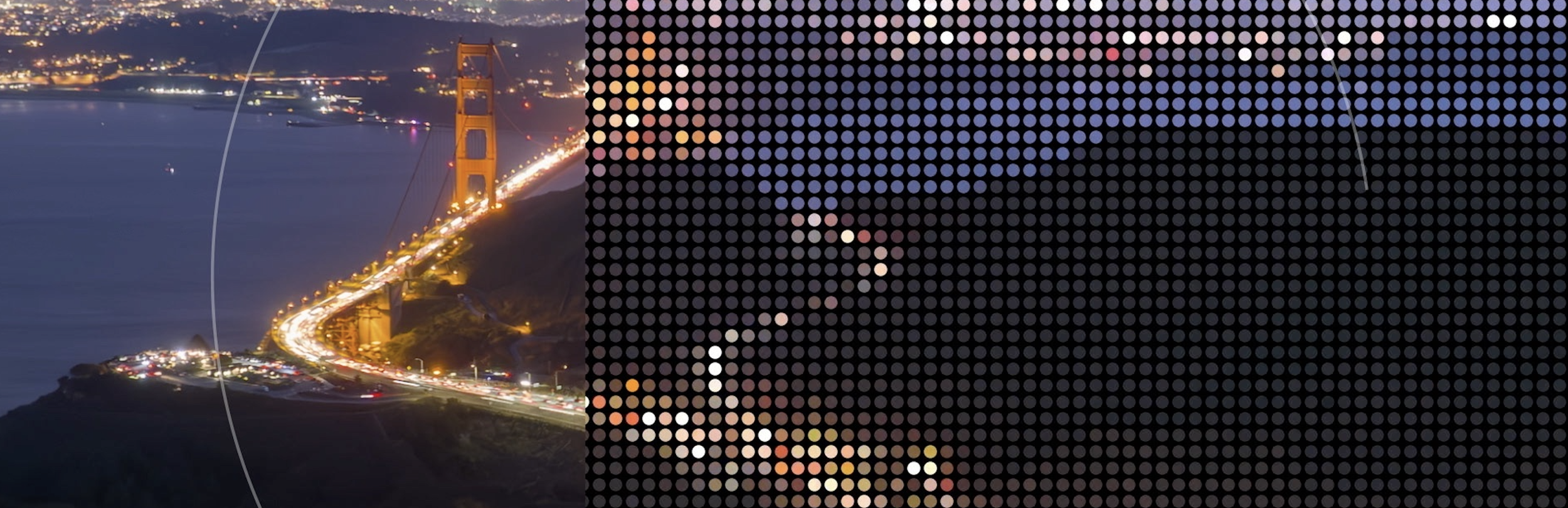  Golden Gate Bridge night scene partially rendered in scoreboard-style dot pattern within NightSpeed broadcast sports graphics package for KRON4 Sports Night Live 