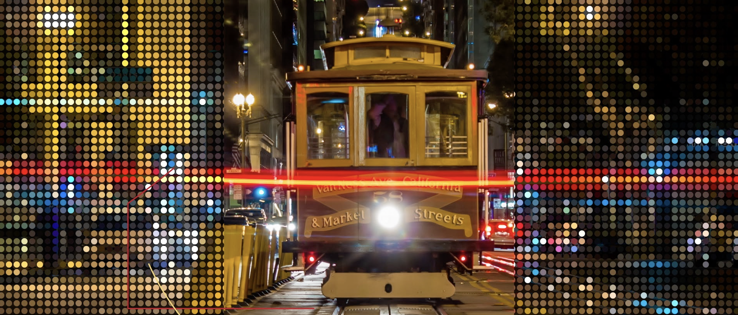 San Francisco cable car timelapse blended with pixel-like dot pattern in NightSpeed city-driven sports motion design system 