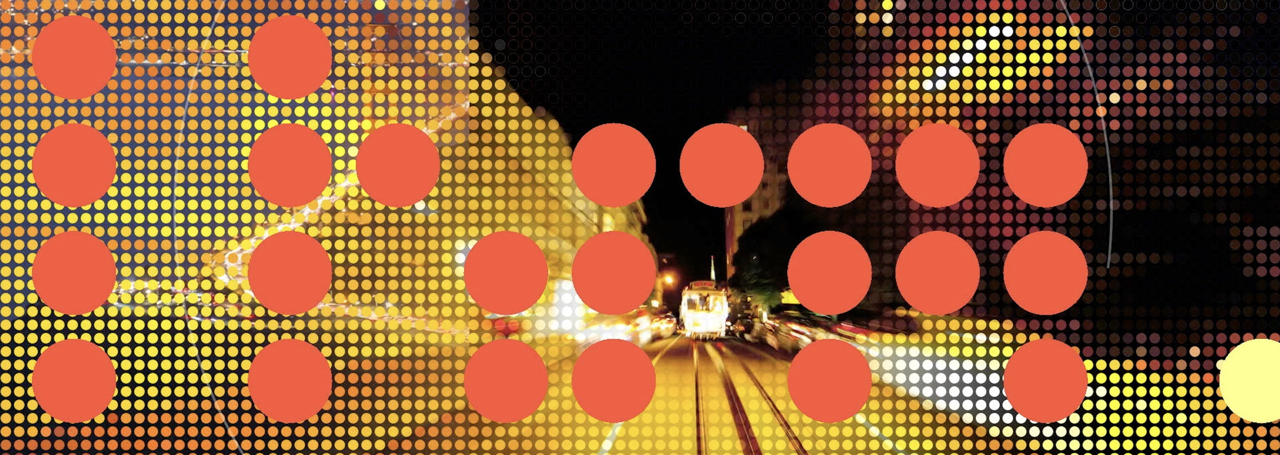  Broadcast typography abstracted into scoreboard-style dot pattern over cable car timelapse in NightSpeed city-driven motion design system 