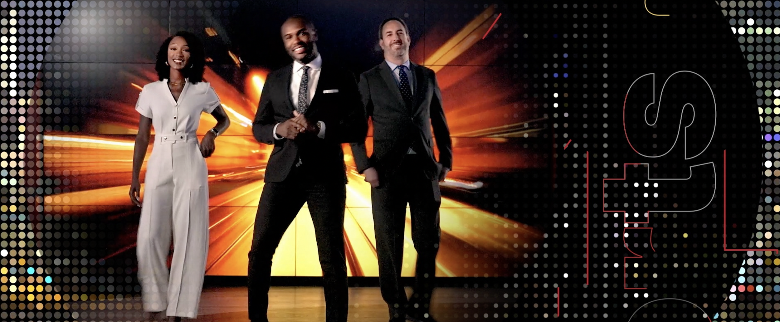  Sports Night Live anchors featured in opening sequence framed by NightSpeed broadcast graphics and city-driven motion design elements 