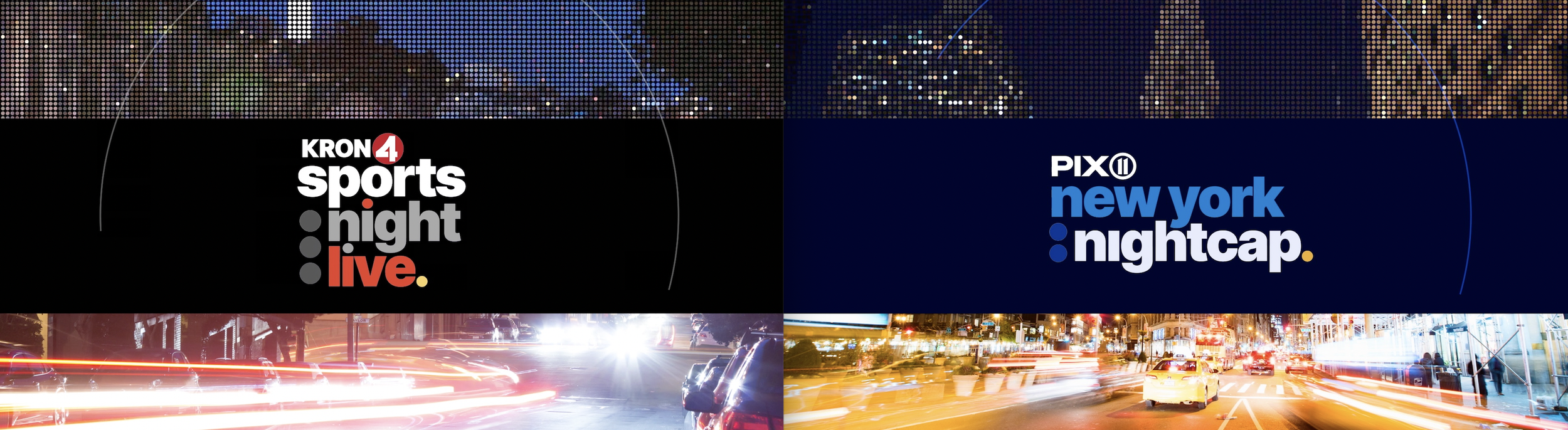  Side-by-side KRON4 Sports Night Live and PIX11 New York Nightcap logos with dotted cityscape above and timelapse footage below in NightSpeed package 