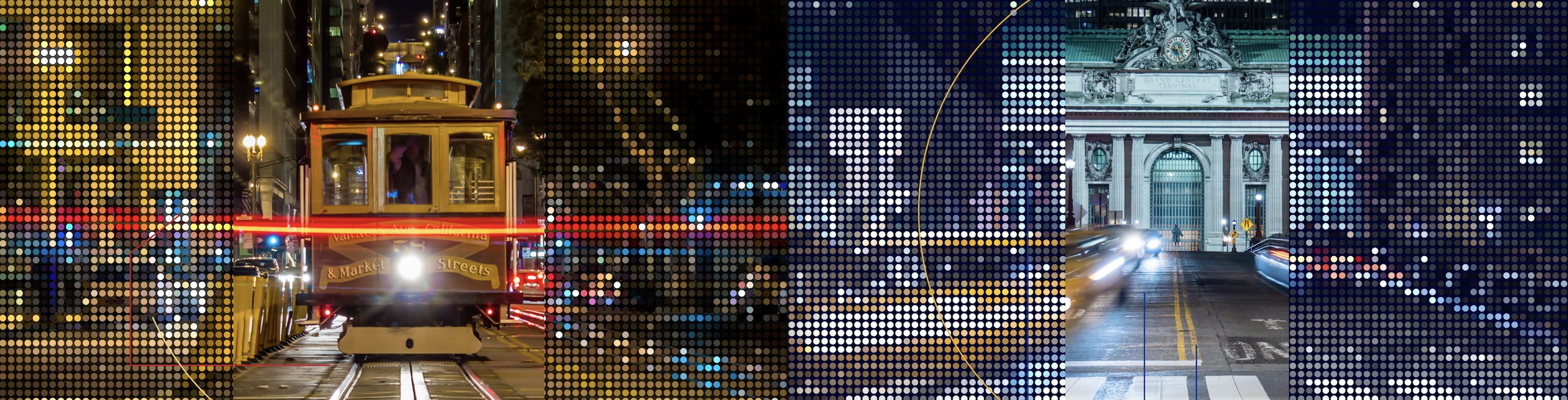  Side-by-side San Francisco cable car and NYC Grand Central Terminal timelapse shots with dot pattern overlay in NightSpeed broadcast graphics system 