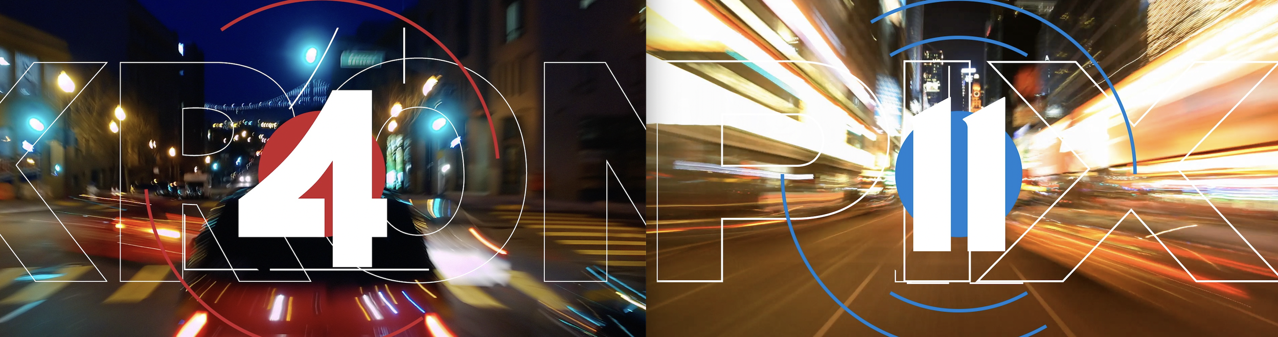  KRON4 and PIX11 logos mid-animation over city driving timelapse footage in NightSpeed cross-market broadcast graphics system 