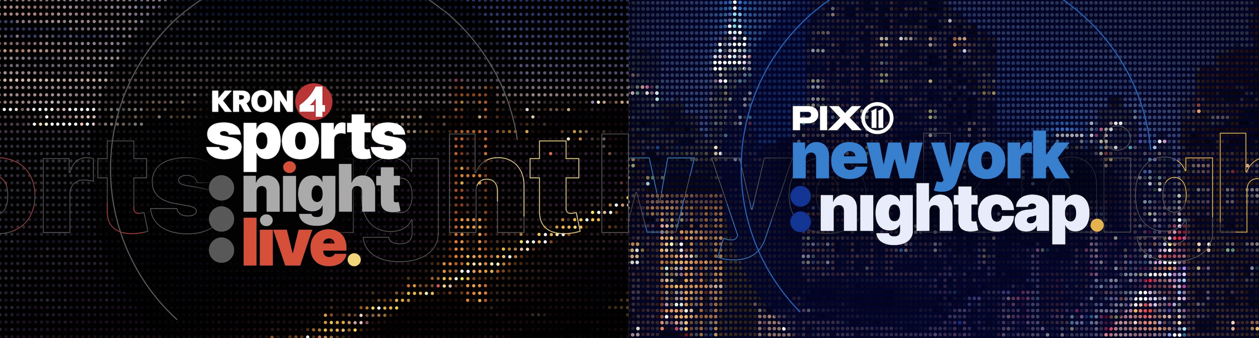  Final logo end frames for KRON4 Sports Night Live and PIX11 New York Nightcap over dotted timelapse backgrounds featuring Golden Gate Bridge and Empire State Building 