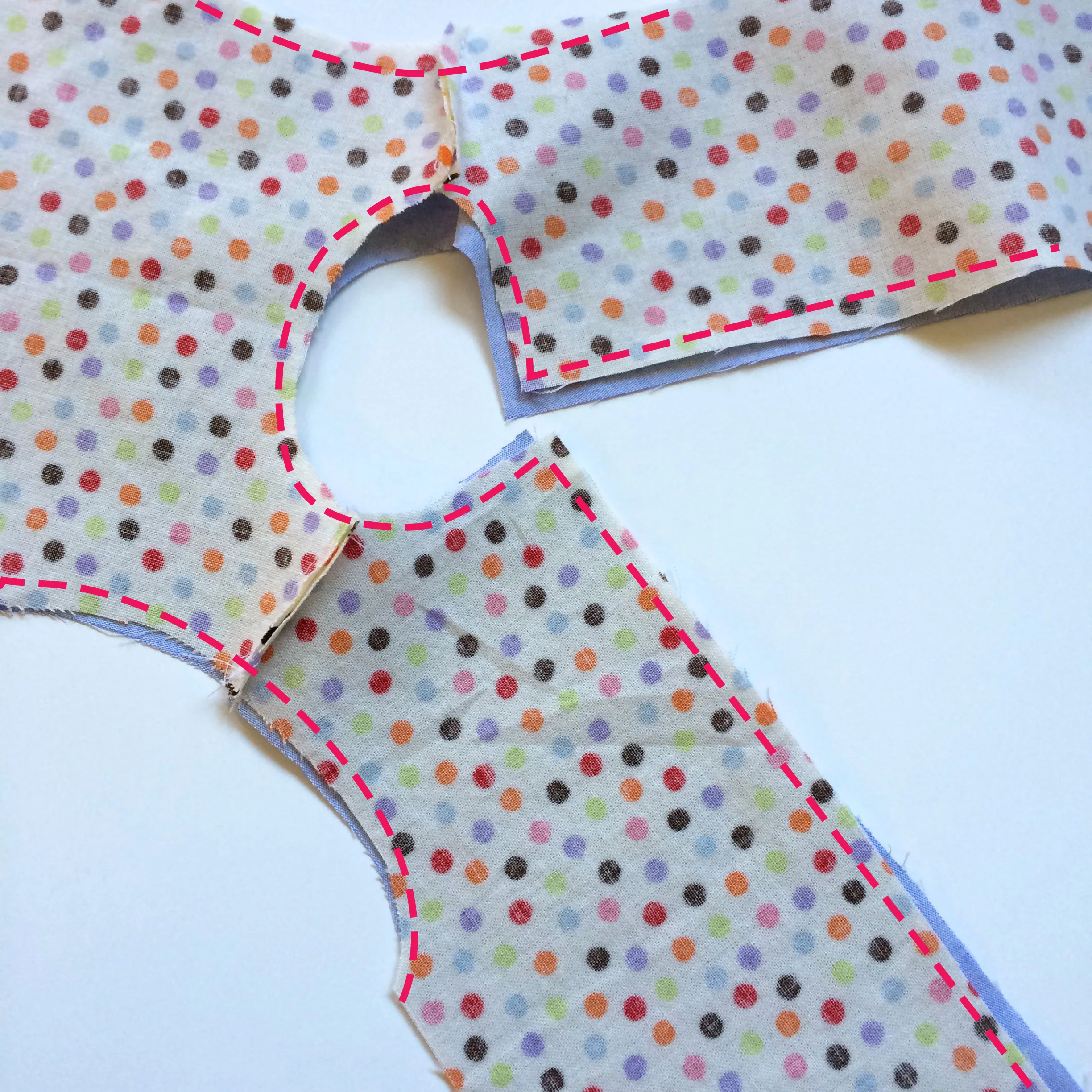 Close-up of where to sew your two dresses together.
