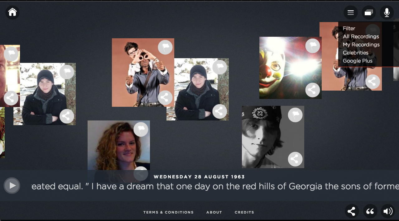 The user gallery shows people’s profile picture and you can hear their reading of sections of the whole speech.