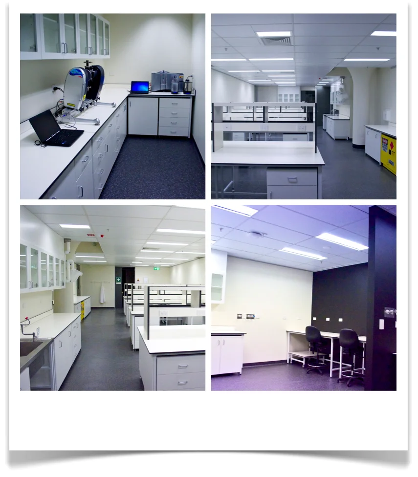 Clockwise from top-left: Particle Sizing Lab, Respiratory Technology Lab (RTL), Advanced Microscopy Suite, RTL