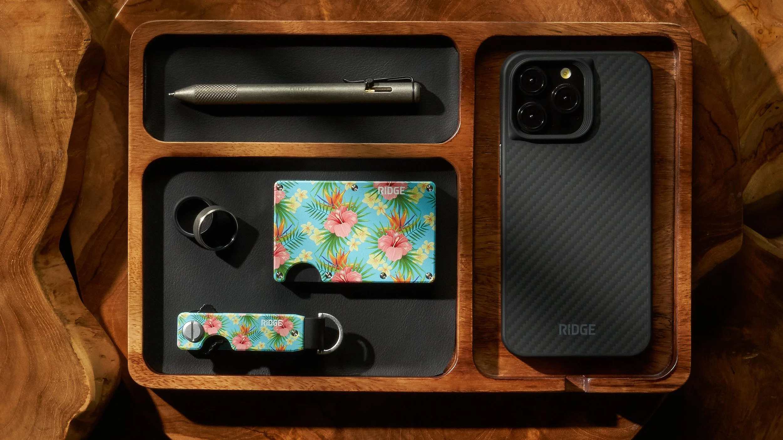 Tropical DDK EDC tray on wood w palm shadows.jpg