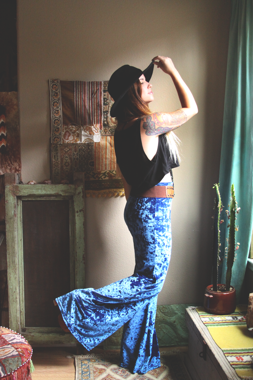 mamie ruth blue velvet bell bottoms outfit on roots and feathers.png