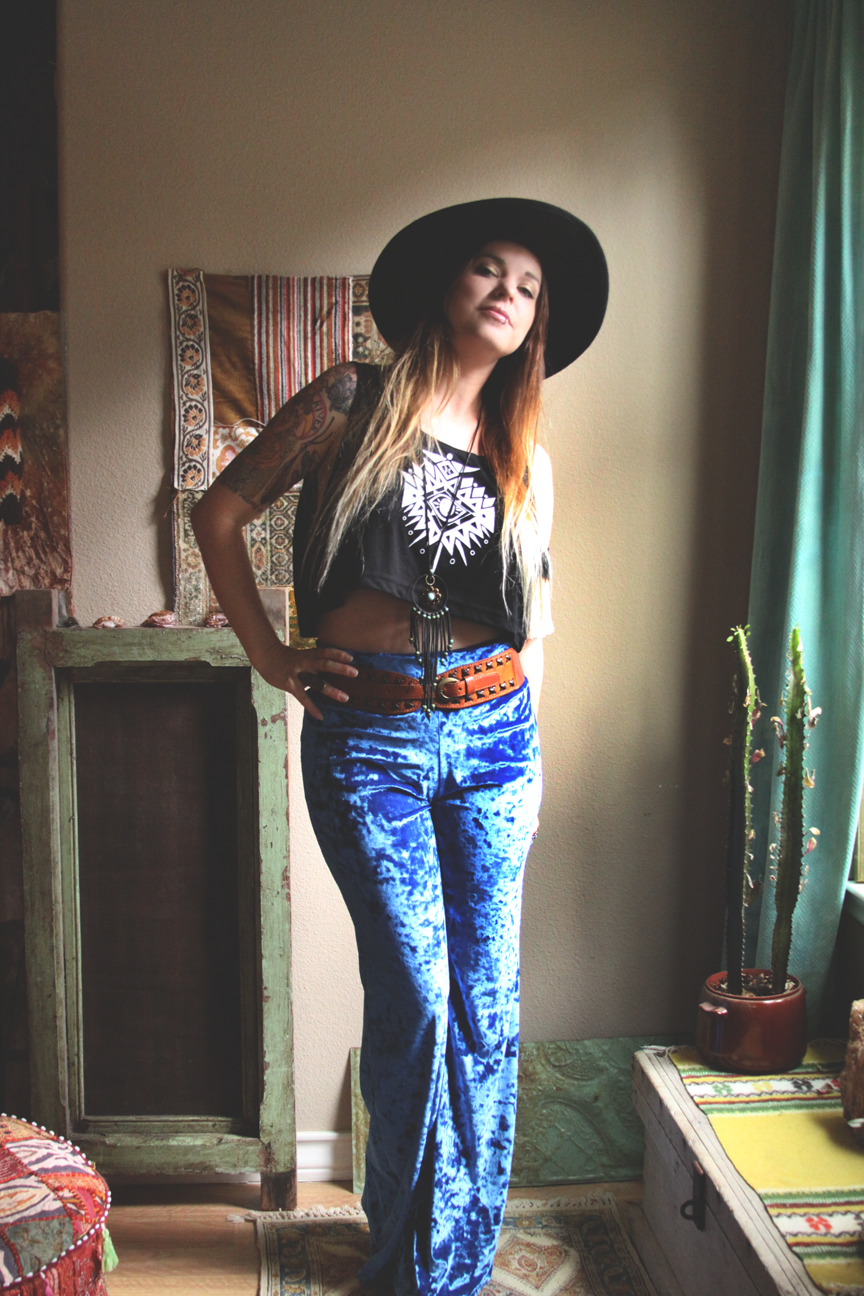 mamie ruth blue velvet bell bottoms outfit on roots and feathers.png
