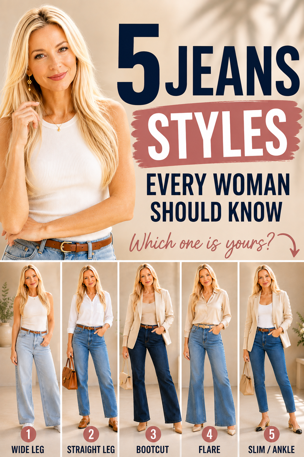 Five flattering jeans styles for women: wide-leg, straight-leg, bootcut, flare and slim ankle jeans