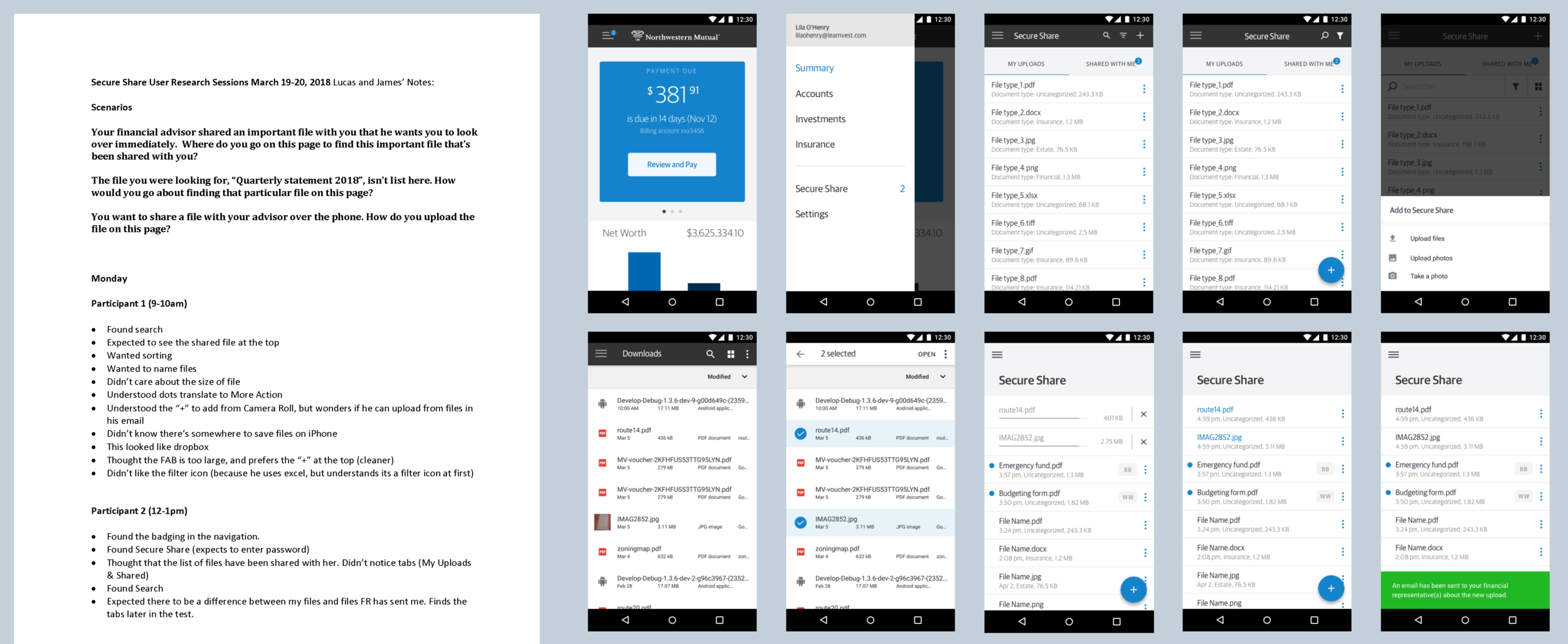 Sample research notes (scenarios and participant feedback) and sample wireframes we tested for usability.