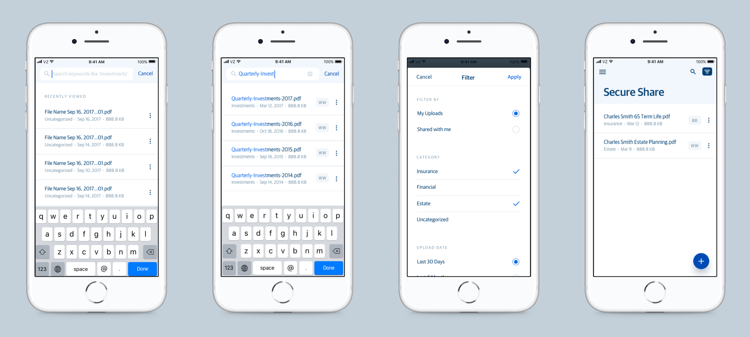 Sample key screens: Search and Filter