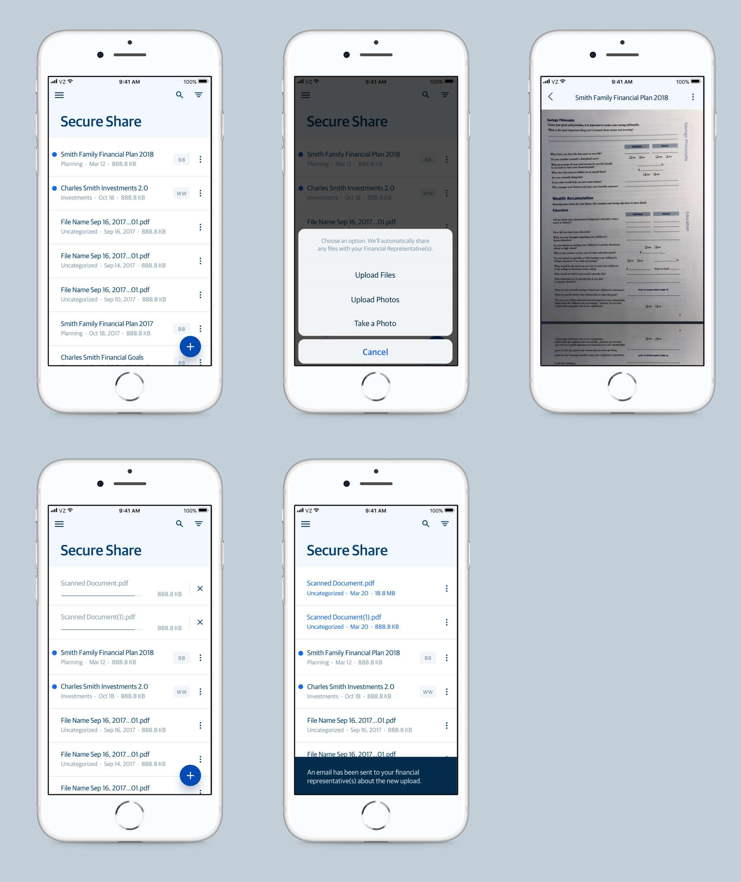 Sample key screens: Upload