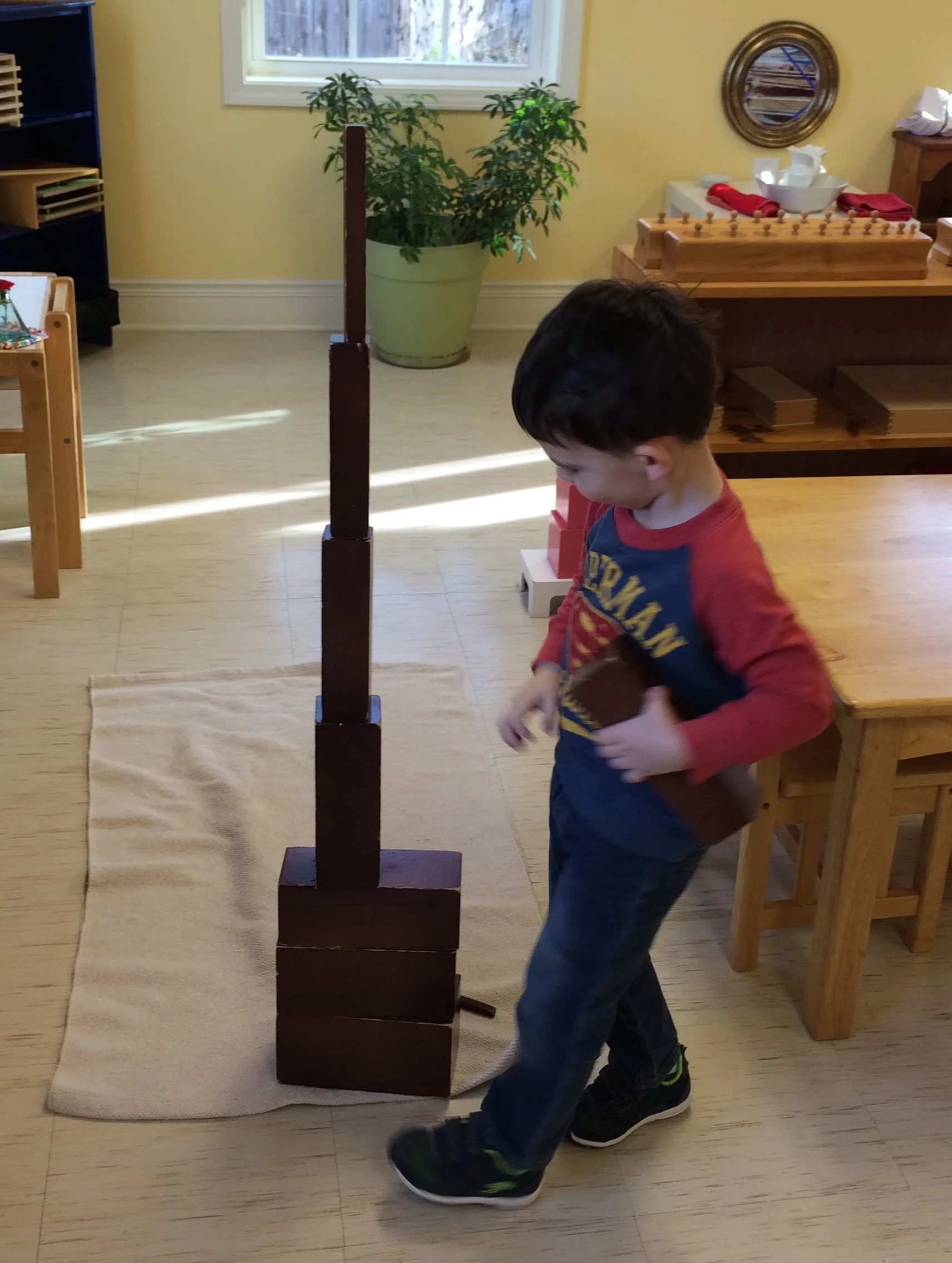 The Brown stairs are part of the Sensorial area of the environment. The first lesson shows the child how to place the rectangular prisms in order based on the breadth of each stair. The child is then left to discover other possibilities of how to place them in order. This child is discovering that they can be built similar to the pink tower. 