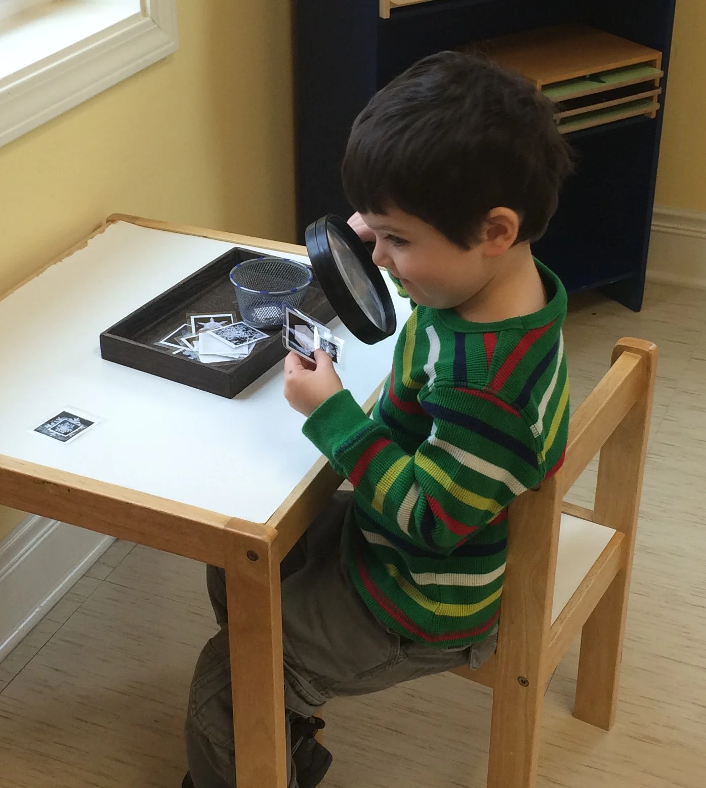 This magnifying work is matching small snowflakes to their larger counter parts using a magnifying glass. The children love to use the magnifying glasses to look at bugs that are caught and while exploring the outdoors on the nature trail. 