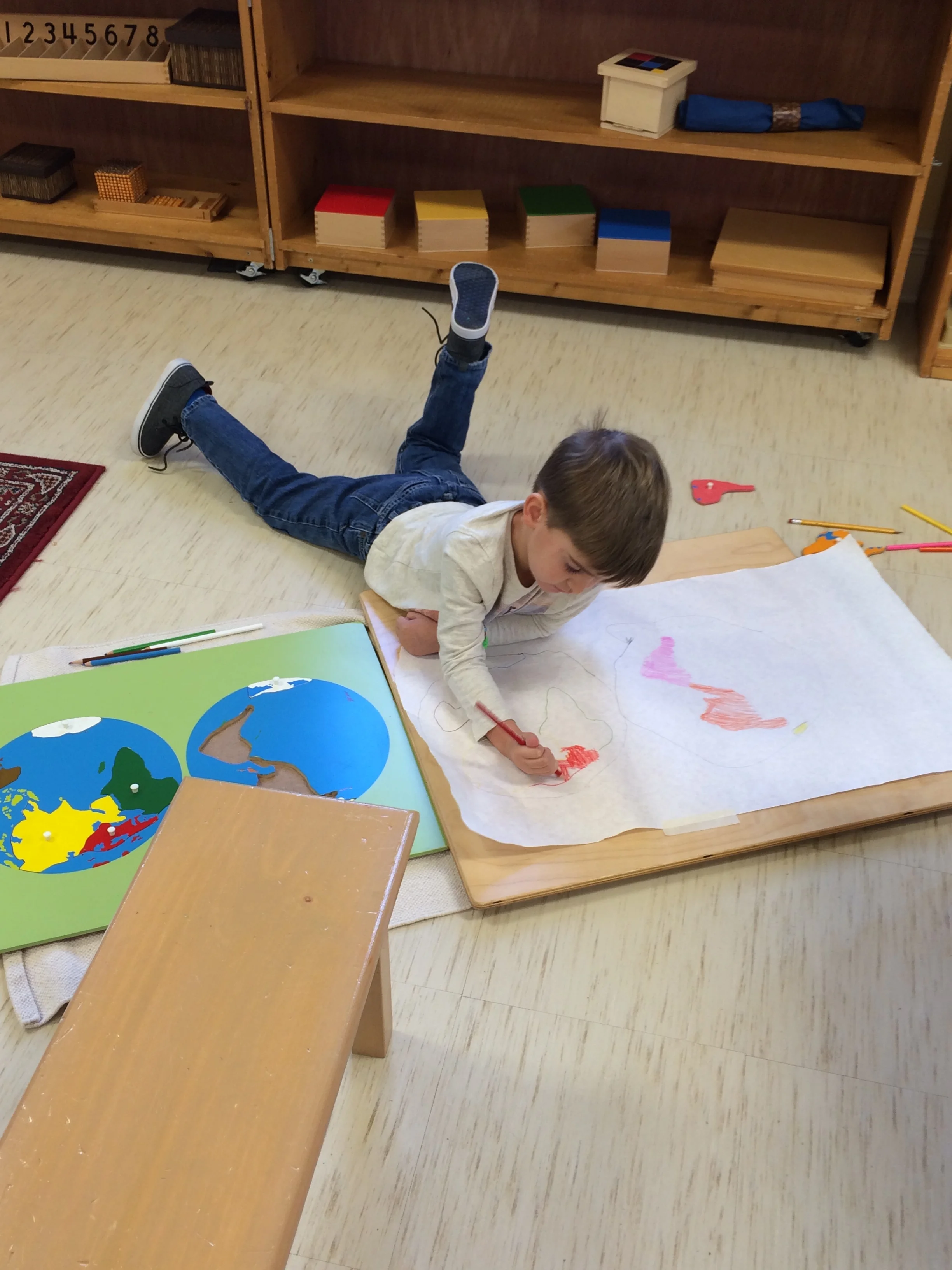 The puzzle maps allow the children to explore each of the seven continents and the countries inside each continent. This child chose to trace the world puzzle map and color each continent. Later an extension to this work will be labeling each continent.