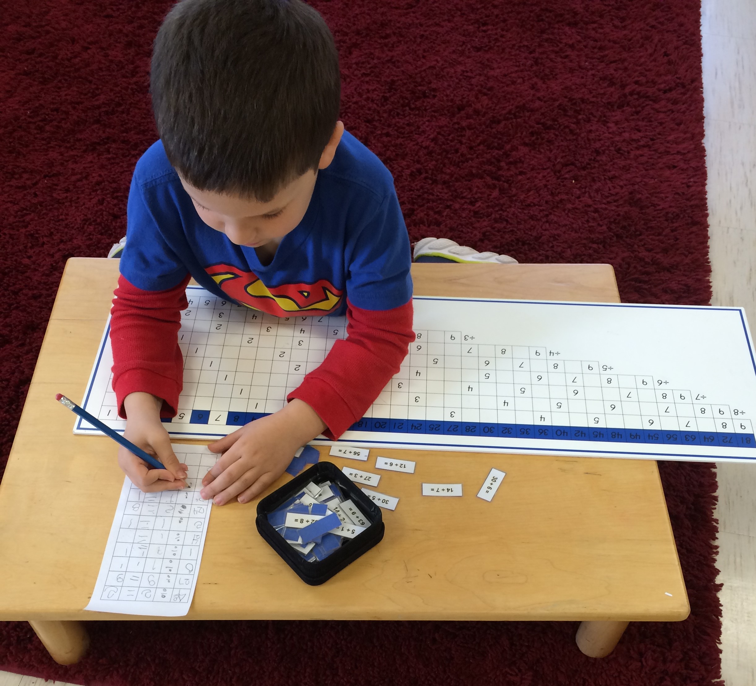 The division practice chart gives the child lots of experience learning his division math facts using tickets with equations and finding the answer on the chart. The way the child checks his work is with a control chart of answers.