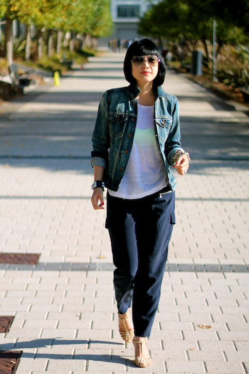 Club Monaco pajama pants and shirt, Madewell jacket, Rayban sunglasses