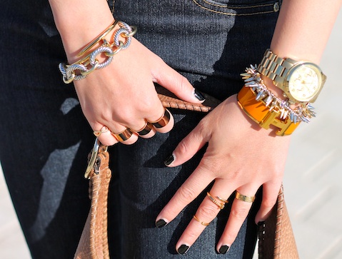 Anarchy Street, David Yurman, Baublebar, Hermes bracelets, Michael Kors watch, Maison Martin Margiela, Baublebar, Anarchy Street and Cartier rings