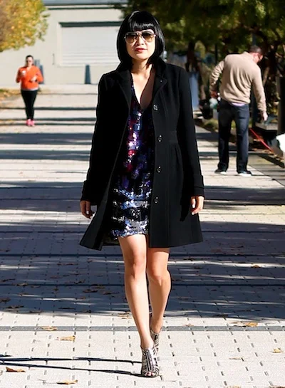 JCrew Coat, BCBG dress, BCBG shoes, Ray-Ban sunglasses