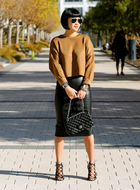 Zara sweater, Zara faux leather skirt, Prabal Gurung x Target shoes, Ray-Ban sunglasses, Chanel bag