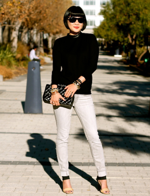 Club Monaco sweater , Gap jeans, Michael Kors heels, Chanel bag, R ay-Ban Wayfarer sunglasses