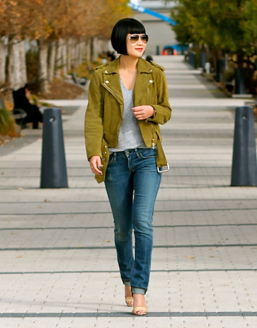 Club Monaco suede jacket , Madewell t-shirt , Citizens of Humanity jeans , Michael Kors shoes, Ray-Ban sunglasses