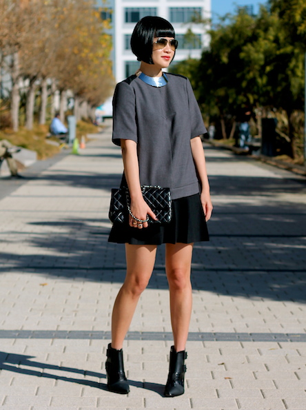 Club Monaco shirt and skirt, Tibi booties, Chanel bag, Ray-Ban sunglasses, Giambattista Valli necklace