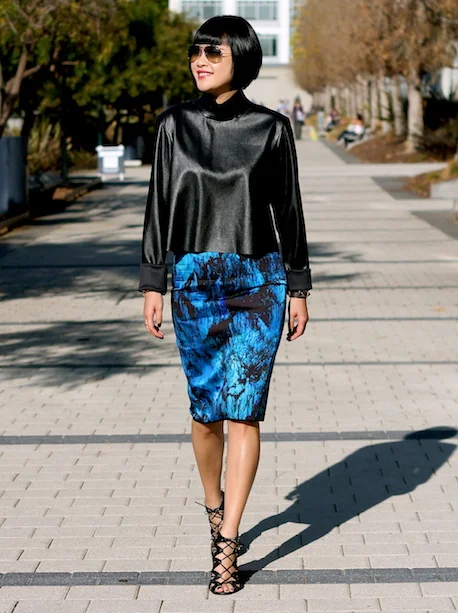 Zara faux leather top and neoprene skirt, Prabal Gurung x Target shoes, Ray-Ban sunglasses