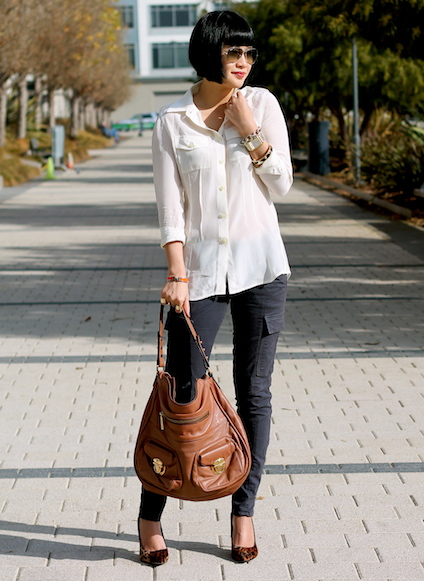 Banana Republic silk shirt, J Brand cargo jeans, Kenneth Cole shoes, Ray-Ban sunglasses, Marc Jacobs bag