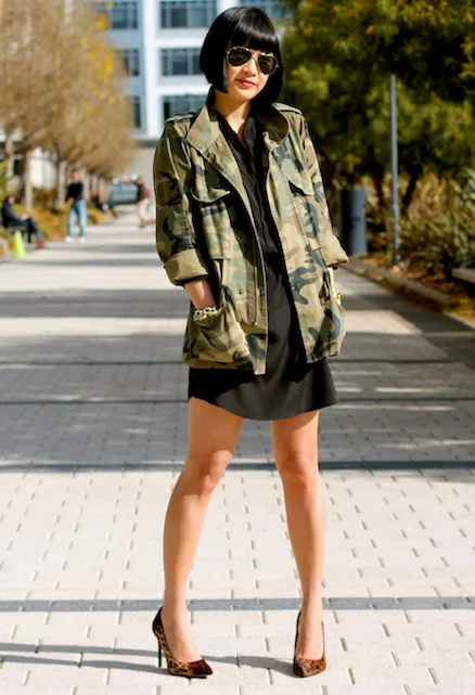 Club Monaco camo jacket, Aqua x Bloomingdales silk dress, Kenneth Cole shoes, Ray-Ban sunglasses