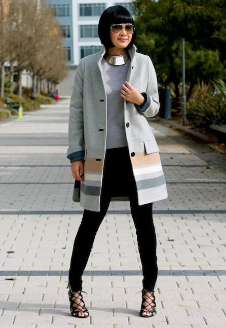 Club Monaco coat and sweater, Joe's Jeans jeggings, Prabal Gurung x Target shoes, Giambattista Valli collar necklace, Ray-Ban sunglasses