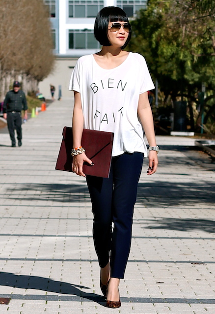 Madewell tshirt, JCrew pants , Kenneth Cole heels , Ralph Lauren portfolio clutch, Ray-Ban sunglasses