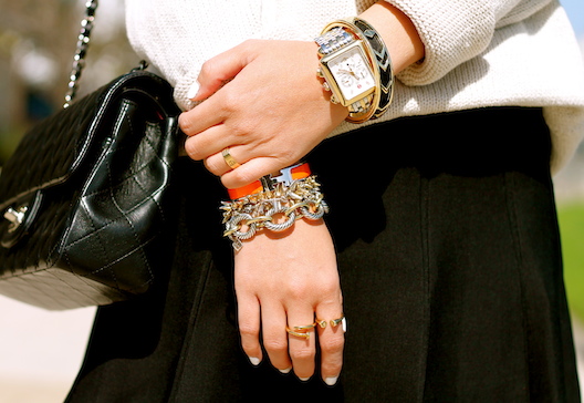 Hermes, Stella and Dot, Davd Yurman, House of Harlow bracelets, Melinda Maria, Anarchy Street and Cartier rings, Michele watch