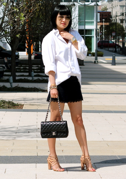 Express for Men button-up, Club Monaco shorts, Belle by Sigerson Morrison shoes, Chanel bag, Ray-Ban sunglasses